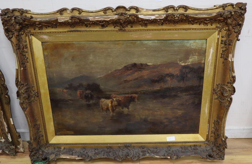 Ernest Walbourn (1872-1927), oil on canvas, Highland cattle watering, signed, 60 x 90cm